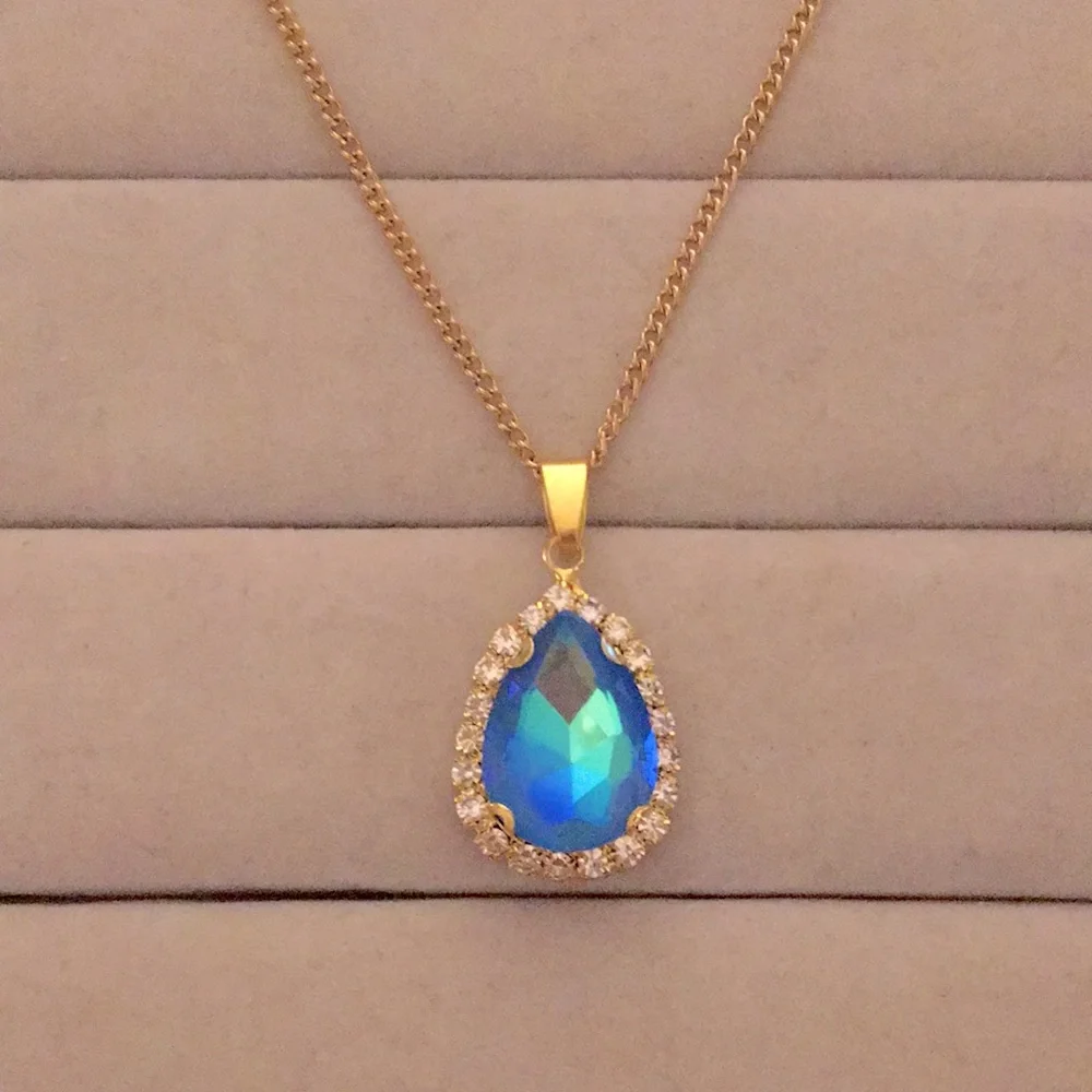 Sapphire Aurora Borealis + Gold Crystal Halo Drop Pendant Necklace - Picture 7 of 7